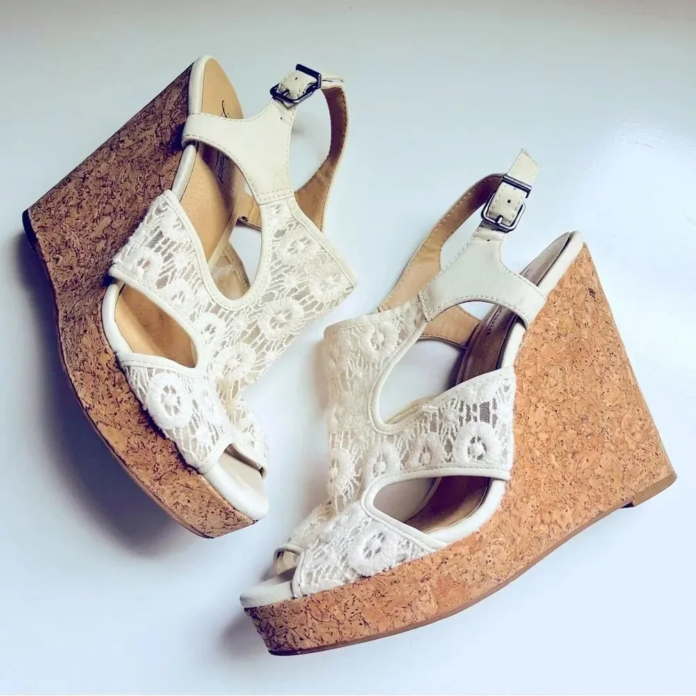 Lucky Brand Ranette Lace Cork Wedged Sandals